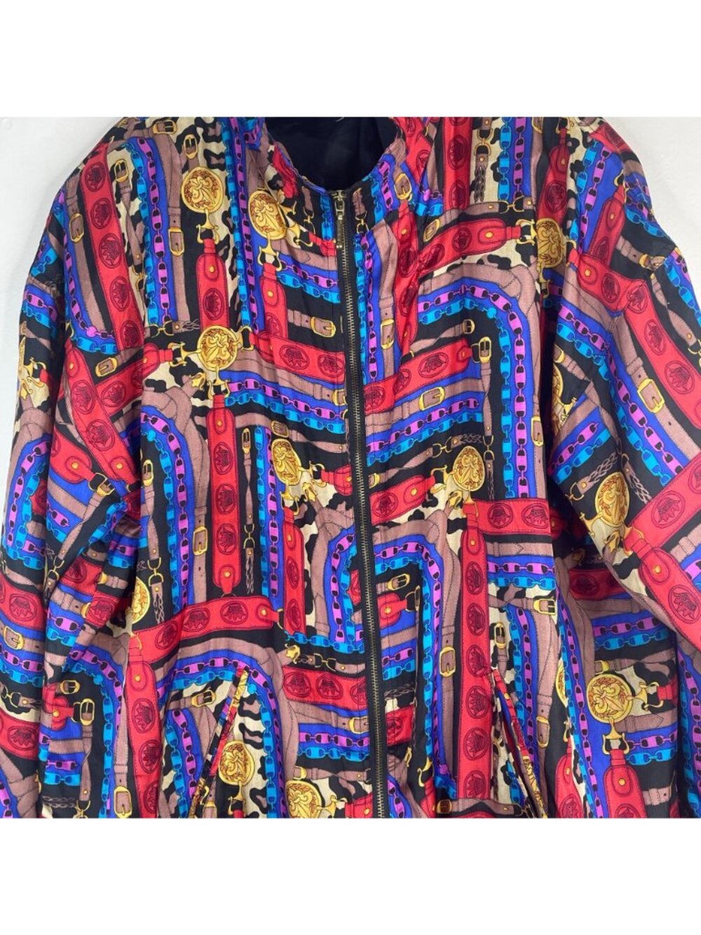 Vintage Bomber Jacket 1X Retro Silk 80s 90s Fresh Prince Baggy Urban Chain Print - Picture 4 of 16